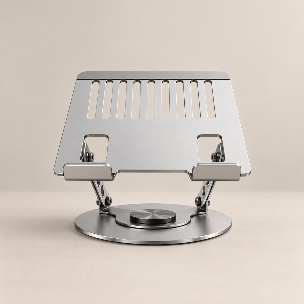 The laptop stand in silver, with hinged arms and a swivel base
