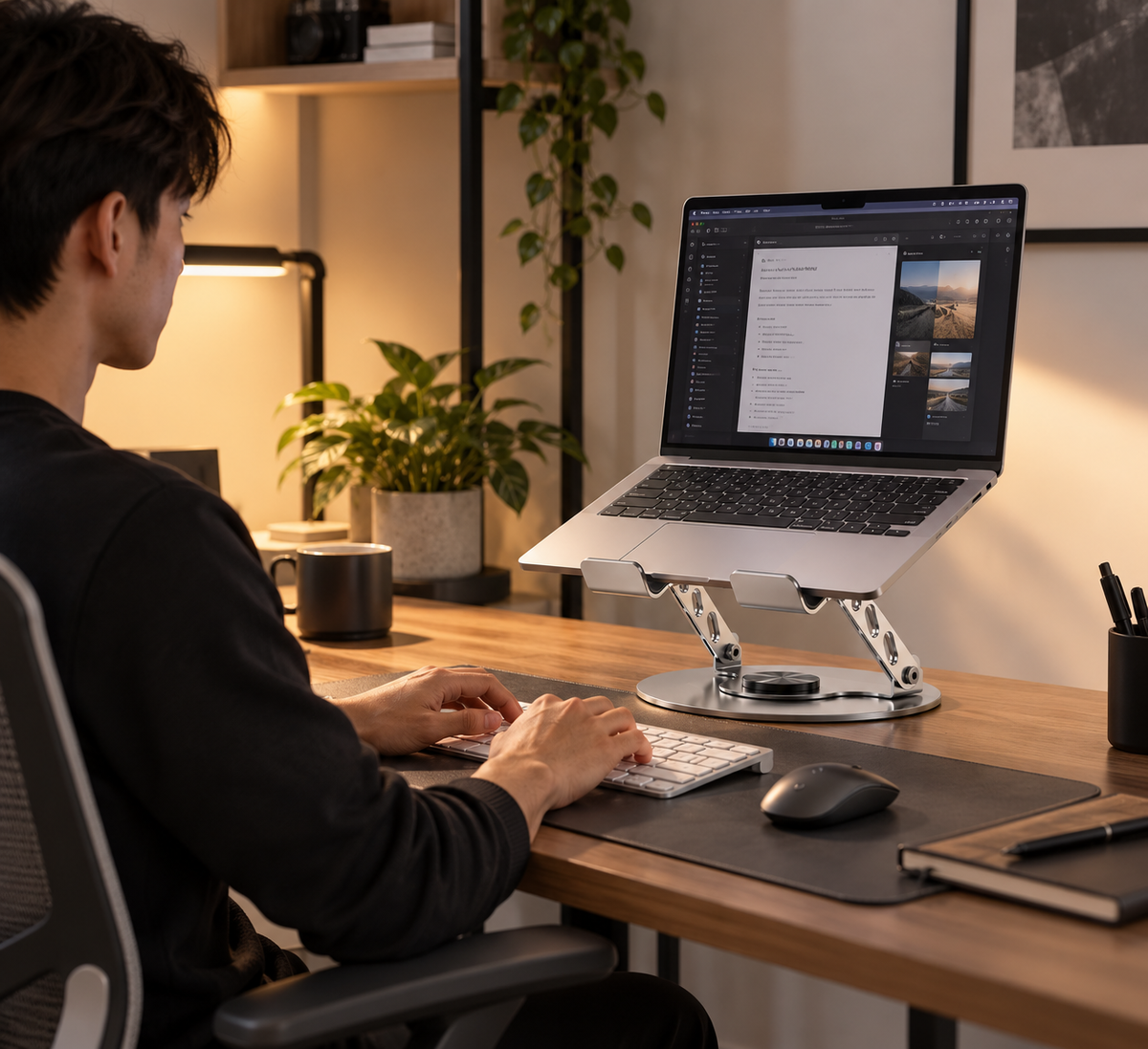 Laptop stand in a home workspace