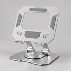 The tablet stand in frost silver, with articulated arms and a rotating base