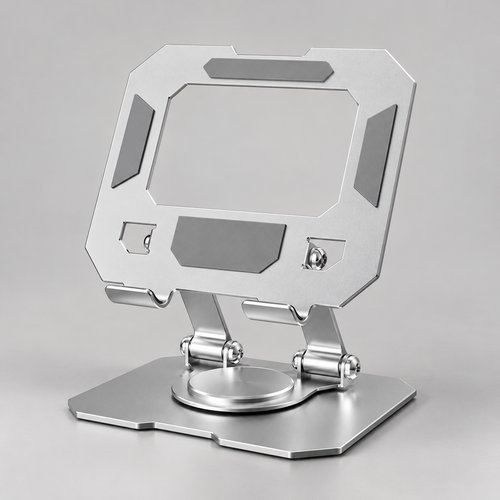 The tablet stand in frost silver, with articulated arms and a rotating base